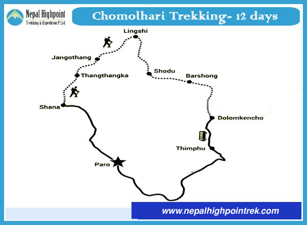 Bhutan trekking routes, Chomolhari trek, Bhutanese culture-Map